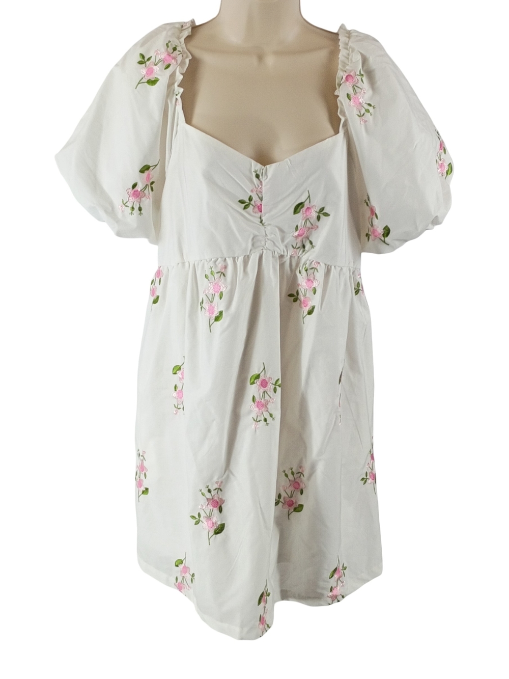 Mi Ami White Midi Dress with Pink Floral Embroidery